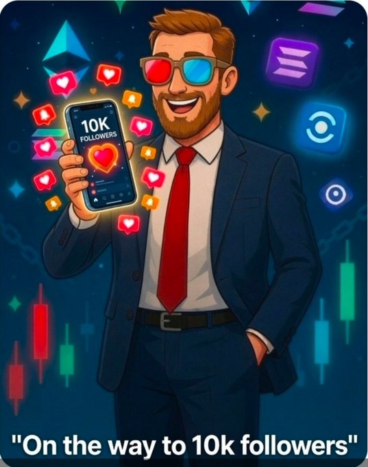 A cartoon illustration of a glad man in a suit and 3D glasses holding a smartphone displaying '10K FOLLOWERS' with floating hearts, captioned 'On the way to 10k followers'.