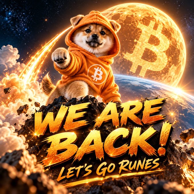 A digital illustration of a Shiba Inu dog wearing an orange Bitcoin hoodie, sitting on a rocky terrain with a Bitcoin planet in the background and the text 'WE ARE BACK! LET'S GO RUNES'.