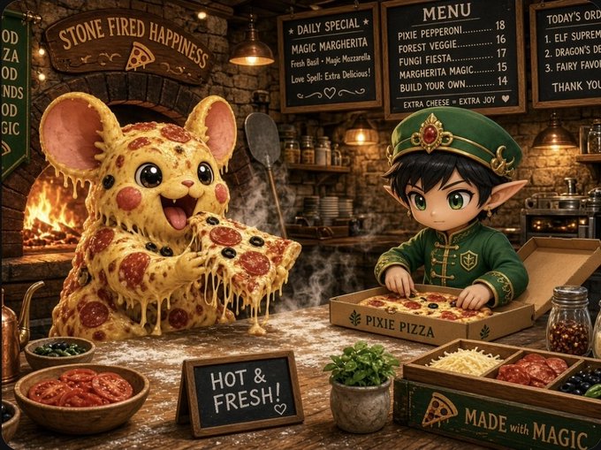 A whimsical fantasy scene of a mouse-like creature made of pizza dough and toppings standing next to an elf character in a green uniform preparing a pizza in a pizzeria called "Stone Fired Happiness" and "Pixie Pizza."