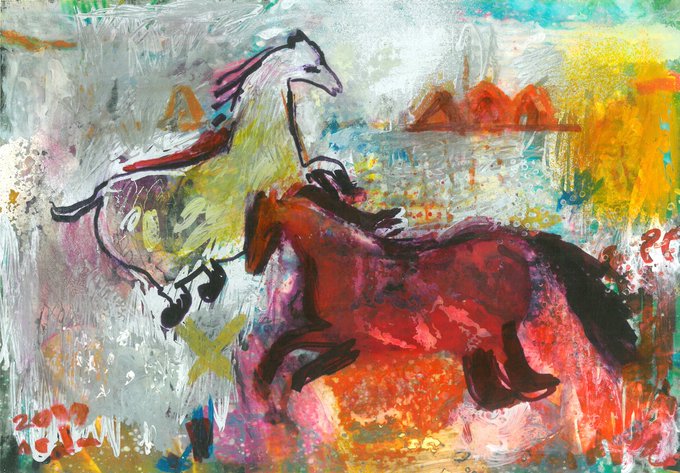 A vibrant, expressionistic painting depicts a white horse and a dark red horse intertwined in a passionate embrace against a colorful, abstract landscape background, capturing the raw energy and intimacy of wild horses in a lush valley as described in the accompanying poetic caption.
