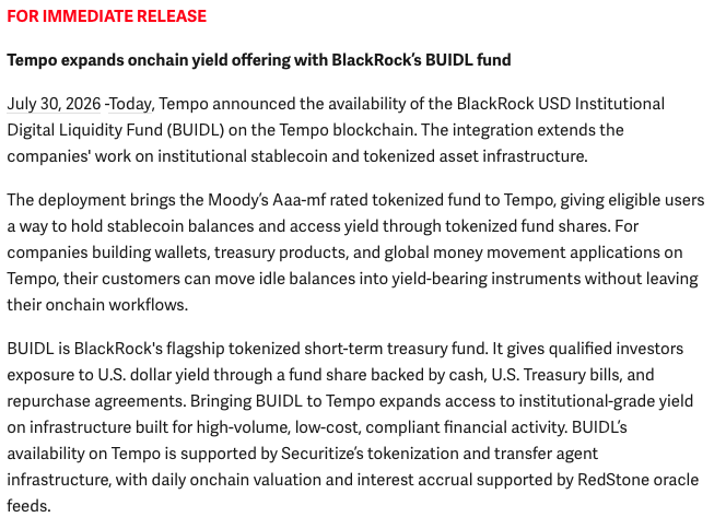 A press release titled 'FOR IMMEDIATE RELEASE' announces Tempo's expansion of its onchain yield offering with BlackRock's BUIDL fund, detailing the integration of the tokenized short-term treasury fund onto the Tempo blockchain.