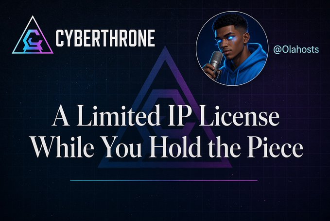 A promotional graphic for 'CYBERTHRONE' featuring an avatar of '@Olahosts' speaking into a microphone, with text reading 'A Limited IP License While You Hold the Piece'.