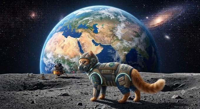 A digital artwork depicting an orange cat wearing an astronaut suit standing on the moon with Earth visible in the background, alongside a lunar lander.