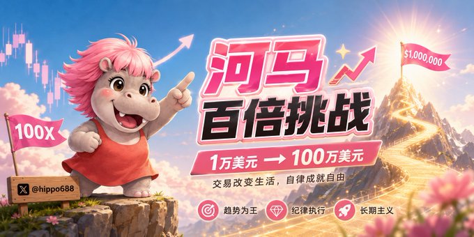 A vibrant promotional graphic featuring a cartoon pink-haired hippo character, advertising a '100x Challenge' (百倍挑战) to turn $10,000 into $1,000,000, with the X handle @hippo688.