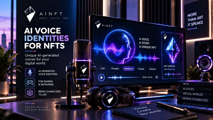 AINFT promotional graphic advertising AI voice identities for NFTs, gaming, and metaverse, featuring a microphone, headphones, and audio waveform displays.