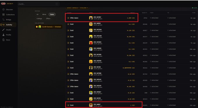 A screenshot of an OKX cryptocurrency interface displaying a list of ZEC sales and offer tokens with ZEC prices, highlighting a recent sale entry.