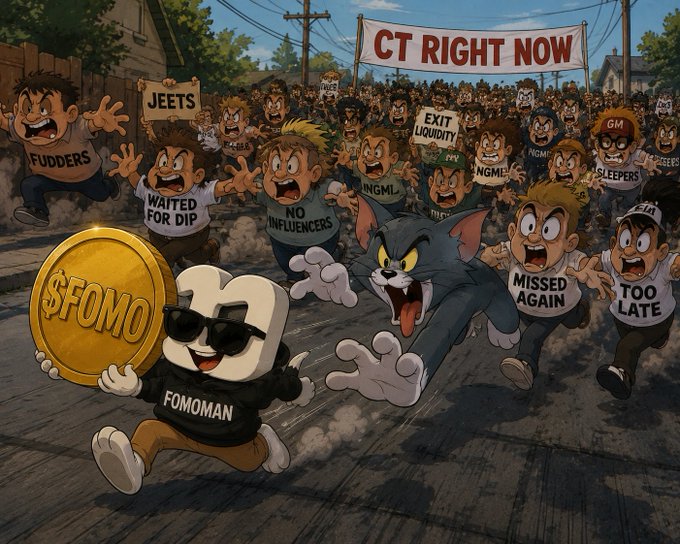 A cartoon depicting an angry mob chasing a character labeled 'FOMOMAN' holding a '$FOMO' coin, with a banner reading 'CT RIGHT NOW' and protesters labeled 'EXIT LIQUIDITY,' 'MISSED AGAIN,' and 'TOO LATE.'