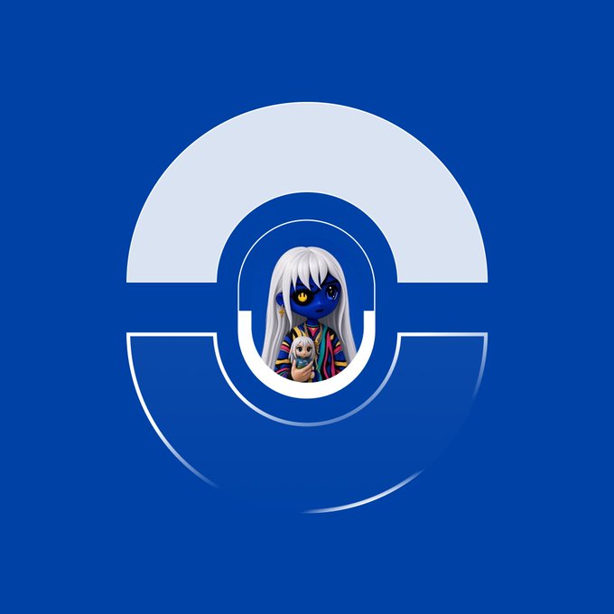A blue graphic displaying a stylized white circular logo with an anime-style character featuring white hair, blue skin, and a colorful jacket in the center.