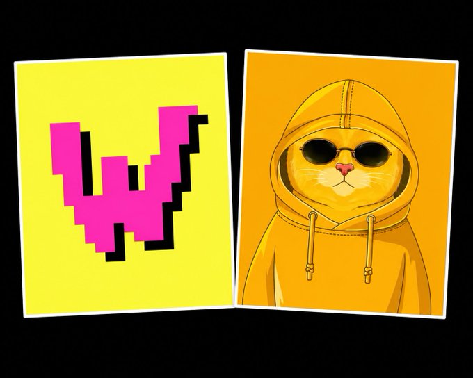 Two NFT artworks are displayed side by side: a pixelated pink butterfly on a yellow background and a cat wearing sunglasses and a hoodie against an orange backdrop, corresponding to the featured collections from @WonkiesCC0 (Pixel Art, 0.005 ETH) and @Yellowcatz_ (777 supply, free mint).