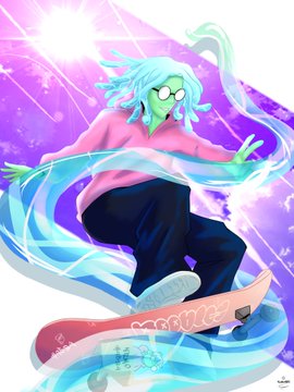 An anime-style illustration of a green-skinned character with teal hair and glasses wearing a pink hoodie, riding a skateboard with blue energy effects against a purple background.