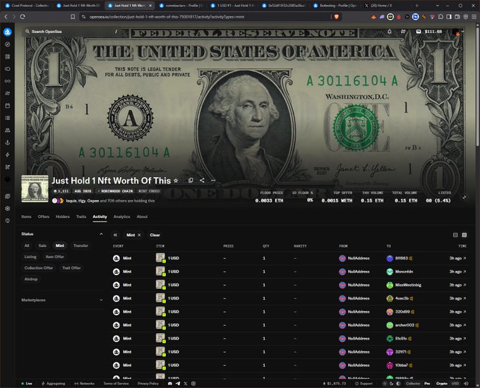 A screenshot of OpenSea displaying the "Just Hold 1 Nft Worth Of This" NFT page, which features a $1 bill image and shows an asking price of approximately 1 USD ($1,679.75 ETH) with multiple offers from users. The image relates to the $6 caption, though the listed items appear to be priced at $1 USD each in the offers list.