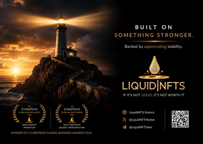 A promotional graphic for Liquid|NFTs featuring a lighthouse at sunset, highlighting their 2026 European Global Business Awards wins for Web3 Liquidity Innovation and Next Generation Liquidity Infrastructure, alongside contact handles @LiquidNFTMarket and @LiquidNFTsSales—visually reinforcing the post's message that their NFTs are "backed by real liquidity" rather than AI-generated profile pictures.