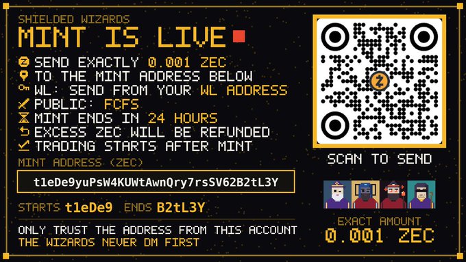 A pixel-art graphic announcing 'SHIELDED WIZARDS MINT IS LIVE' with instructions to send exactly 0.001 ZEC to the mint address 't1eDe9yuPsW4KUWtAwnQry7rsSV62B2tL3Y', featuring a QR code and pixelated wizard characters.