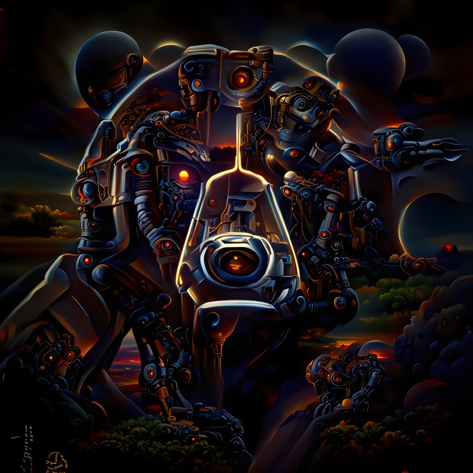 A complex digital artwork featuring a large central robotic or cyborg-like figure with glowing red eyes, set against a dark, dramatic sky with planets and smaller mechanical beings below.