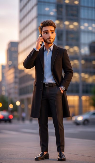 A 3D-rendered, stylized man in a black coat, light blue shirt, and dark trousers stands on a city street at sunset, holding a phone to his ear with one hand in his pocket.
