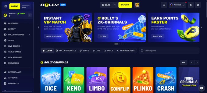 The image shows the Rolly Beta crypto casino homepage, featuring a $0.00 balance, "DEPOSIT" button, and promotions for "INSTANT VIP MATCH," "ROLLY'S ZK-ORIGINALS," and "EARN POINTS FASTER," along with game tiles for Dice, Keno, Limbo, Coinflip, Plinko, and Crash.

The screenshot visually supports the post by showcasing Rolly's on-chain verification approach, highlighted by the "ZK-ORIGINALS" banner referencing their use of zero-knowledge proofs for provably fair gaming—reinforcing the platform's emphasis on replacing blind trust with verifiable, transparent gameplay.