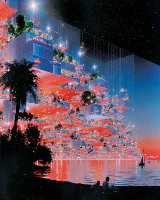 Digital artwork depicting a futuristic, multi-tiered transparent glass building illuminated with bright red lights at night, with people sitting on a nearby shore watching the structure over water.