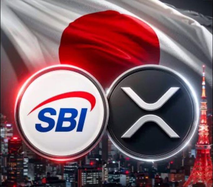 The image features the Japanese flag in the background with a cityscape, alongside the SBI logo and the XRP (Ripple) logo prominently displayed, visually representing SBI VC Trade's landmark addition of Ripple's RLUSD stablecoin in Japan.