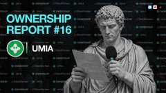 A graphic titled 'OWNERSHIP REPORT #16' features a classical statue holding a microphone and papers, with 'UMIA' logo visible on the left.