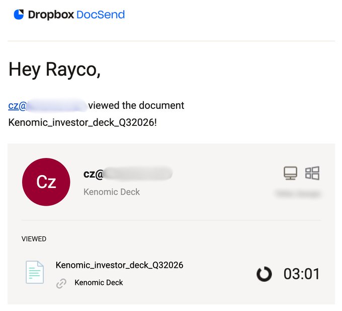 A Dropbox DocSend notification email addressed to "Rayco" showing that someone using an email starting with "cz@" viewed the "Kenomic_investor_deck_Q32026" document, with a timestamp of 03:01. The image supports the post's playful outreach to CZ, providing screenshot evidence that someone with a "cz@" email address has accessed their Q3 2026 investor deck.