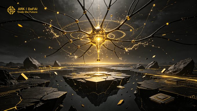 A futuristic landscape features a glowing golden neural network suspended above cracked terrain and circuitry, with the "ARK | DeFAI - Code the Future" logo in the top left corner, visually symbolizing the interconnected agents and expanding intelligence of the $ARK ecosystem described in the caption.