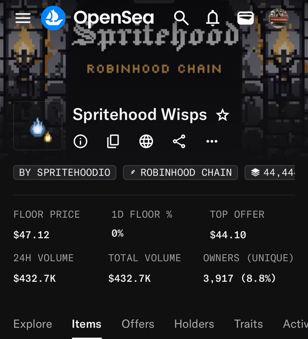 An OpenSea mobile screenshot showing the "Spritehood Wisps" NFT collection on the Robinhood Chain, with a floor price of $47.12 and total volume of $432.7K.