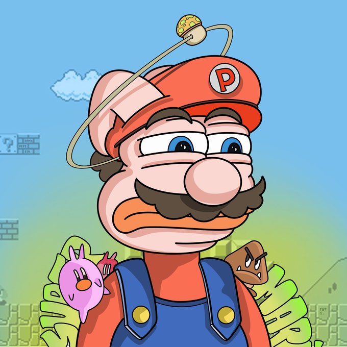 A cartoon character resembling Mario wears a red cap with a 'P' and a strange antenna device, set against a Super Mario Bros. background with question blocks and clouds.