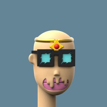 A 3D rendered cartoonish character with a bald head, wearing pixelated sunglasses with blue lenses, a yellow headband with a red gem, and a wide purple grin exposing teeth.