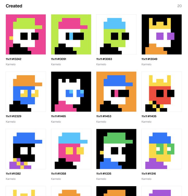 A digital art gallery page titled 'Created' displays a grid of pixel-art portraits by an artist named 'Karmelo', each labeled '11x11' with a unique number.