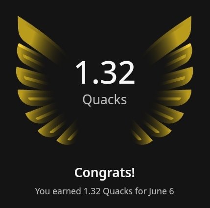 The image features a black background with a gold-colored bird's wing design, which appears to be a logo or emblem for an achievement. The text "Conquers!" is displayed below the wing design, indicating that someone has achieved something noteworthy in the context of Quack Quacks. The post also mentions that the user has earned 1.32 Quacks on Quack Quack just today.
