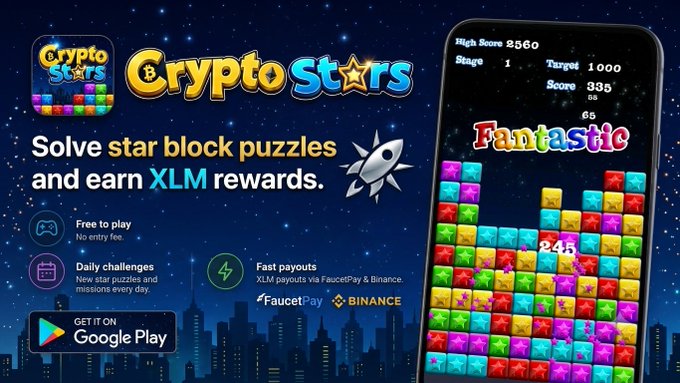 The image features a cell phone with an advertisement for a puzzle game called Crypto Stars. The advertisement includes text that reads "Solve star block puzzles and earn XLM rewards." This suggests that players can earn points or XP by successfully completing puzzles, which they can then use to purchase items in the game's marketplace using real Stellar Lumens coins.