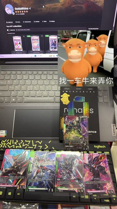 A laptop displaying the GuildOfRhino NFT collection alongside trading cards and small orange figurines.