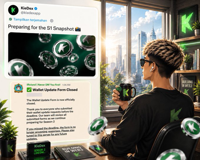 AI-generated promotional image for KieDex (@kiedexapp) announcing 'Preparing for the S1 Snapshot,' featuring a stylized character holding a mug with the KieDex 'K' logo overlooking a city skyline, alongside a fake 'Wallet Update Form Closed' message.