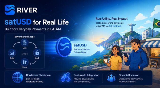 A promotional banner for 'RIVER' advertising 'satUSD for Real Life - Built for Everyday Payments in LATAM', highlighting features like 'Beyond DeFi Loops' (Mint, Stake, Lock, Farm), 'Borderless Stablecoin', and 'Real-World Integration' via PIX in Brazil, with an illustration of a couple using digital payments near Rio de Janeiro's Christ the Redeemer.