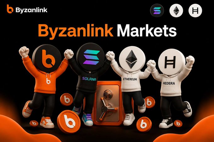 The image features four mascot characters with cryptocurrency logos as their heads—the Byzanlink logo (b), Solana, Ethereum, and Hedera—standing next to a vault, symbolizing Byzanlink's RWA Markets that provide standardized vault infrastructure for real-world asset strategies across these blockchain networks.
