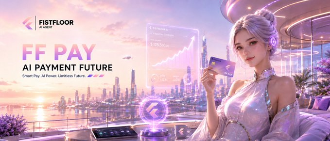 A promotional banner for 'FISTFLOOR AI AGENT' featuring 'FF PAY - AI PAYMENT FUTURE' with a futuristic cyberpunk-style female character in a lavender outfit holding a credit card against a neon cityscape.