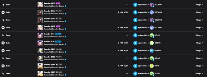 A list of FIFA/Football Rivals token transfers showing multiple 'Remix' cards being sent, with amounts like '0.90 WETH' and values like '#4480' and '#3185'.