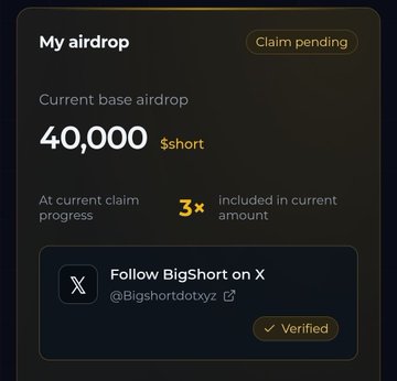 A dark-themed digital interface displays an airdrop claim screen titled 'My airdrop' showing 'Current base airdrop' of 40,000 $short tokens with a 'Claim pending' status. It indicates a 3× multiplier is included in the current amount and prompts to follow BigShort on X (@Bigshortdotxyz), which is verified.