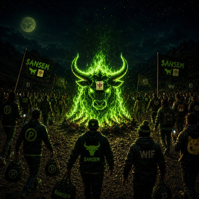A dark, dramatic illustration of a glowing green bull surrounded by a crowd wearing SANSEM and WIF branded hoodies under a night sky.