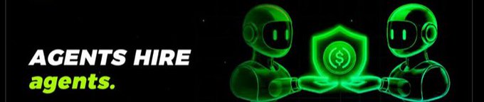 Neon-style digital banner on a black background reading "AGENTS HIRE agents." in white and green text, alongside two glowing green robot figures jointly holding a shield emblem with a dollar sign.