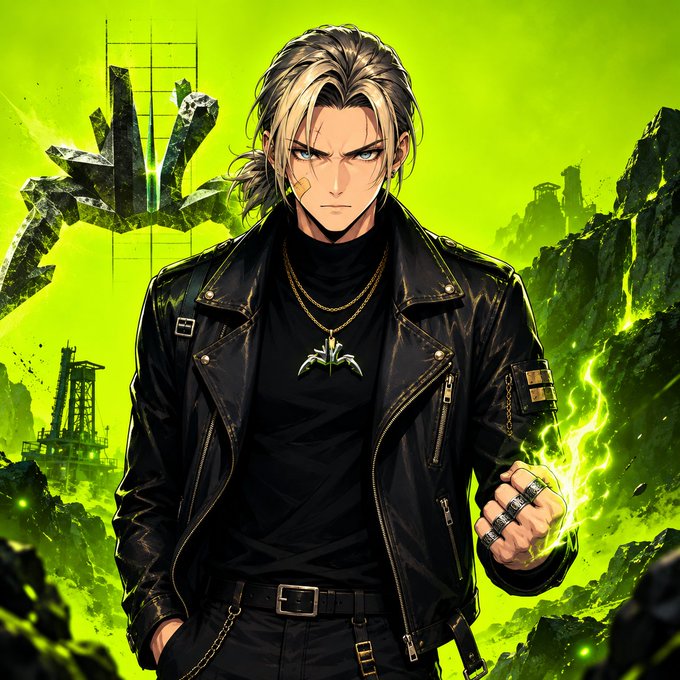 An anime-style illustration of a man with blonde hair in a black leather jacket holding a glowing green energy blade against a bright green background.
