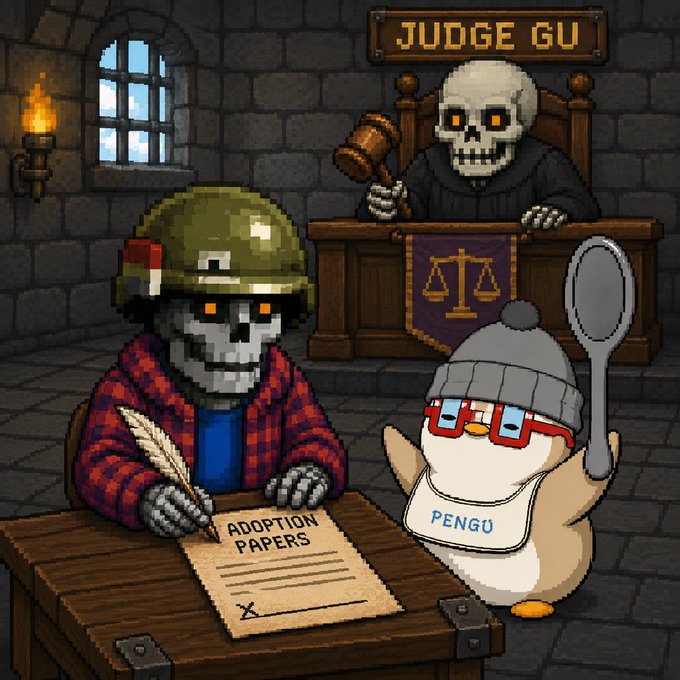 A pixel art scene showing a skeleton soldier in a helmet signing 'ADOPTION PAPERS' while a penguin labeled 'PENGU' holds a spoon, overseen by 'JUDGE GU' (a skeleton with a gavel) in a courtroom setting.