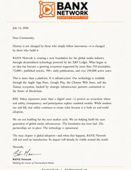 A handwritten letter dated July 12, 2018, from Banxoo Network to its customers announcing a partnership with South Korea's R3 consortium and BITT, Inc. to develop a digital asset platform using XRP, with signatures from Executive Director Robert Lee and CTO Joe Mattera.
