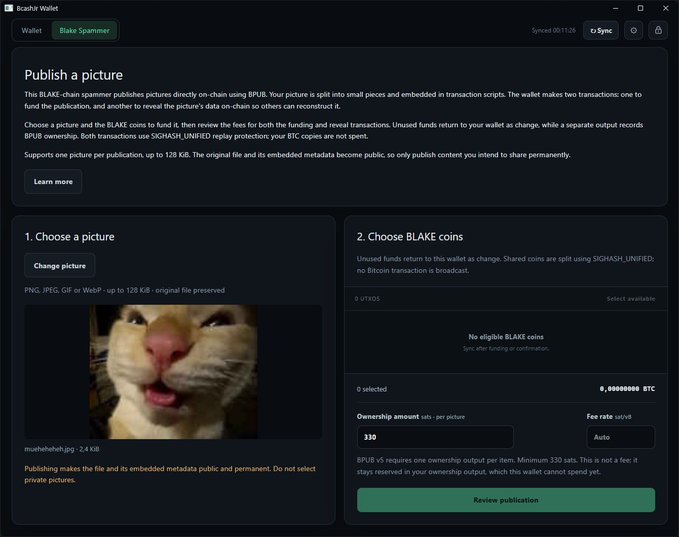 A screenshot of the 'Bcash Wallet' application showing a 'Publish a picture' interface with a photo of a white cat selected for publication on the BLAKE chain via BPUB, displaying ownership amount of 110 per picture with fee rate set to Auto.