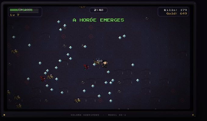 Screenshot of the game 'Solara Survivors - Model SS-1' showing a character battling enemies in a dark space setting with a horde emerging, displaying 79/100 health, Level 7, 2:40 timer, 179 kills, and 649 gold.