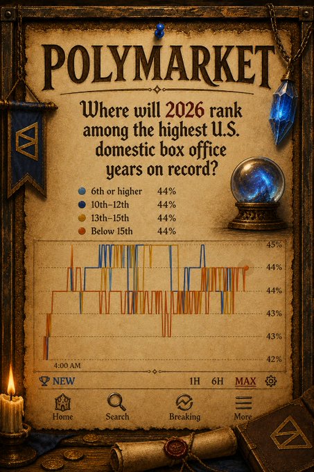 A Polymarket chart titled 'Where will 2026 rank among the highest U.S. domestic box office years on record?' showing four outcomes (6th or higher, 10th-12th, 13th-15th, Below 15th) all near 44%, with a fantasy-style parchment design.