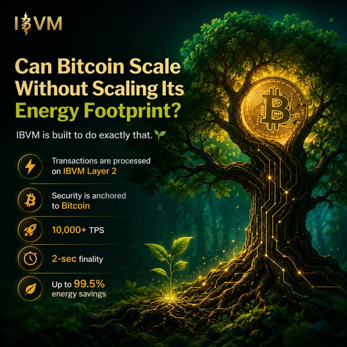 An infographic for IBVM titled 'Can Bitcoin Scale Without Scaling Its Energy Footprint?' highlighting features like 10,000+ TPS, 2-sec finality, and up to 99.5% energy savings.