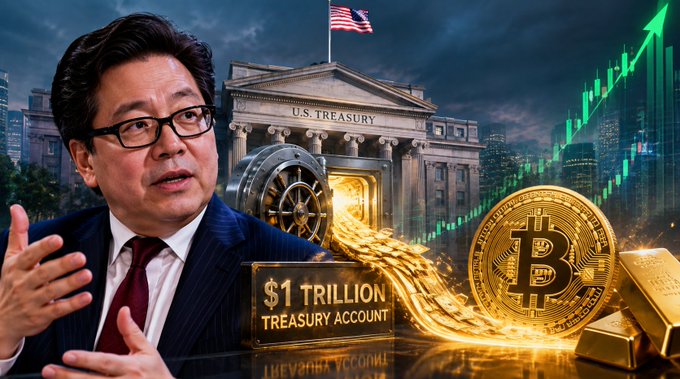 An AI-generated image titled 'Tom Lee' featuring a man in a suit speaking, alongside a US Treasury building, a '$1 TRILLION TREASURY ACCOUNT' vault with gold pouring out, and Bitcoin/gold coin graphics.
