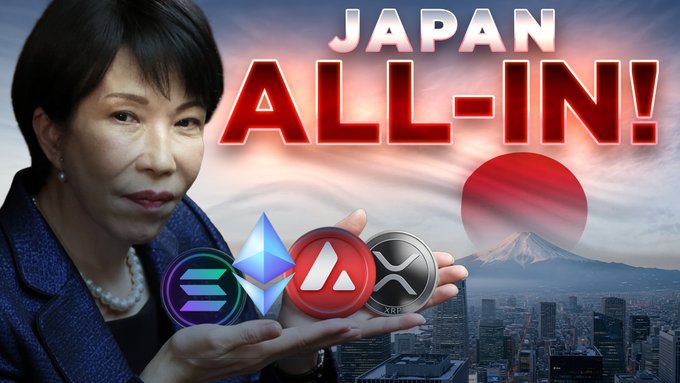 This image depicts the phrase "JAPAN ALL-IN!" superimposed over a Japanese city skyline with Mount Fuji in the background, and a woman holding cryptocurrency tokens for Solana (SOL), Ethereum (ETH), Avalanche (AVAX), and XRP, all relating to the post's claim of Japan's dominance in crypto.