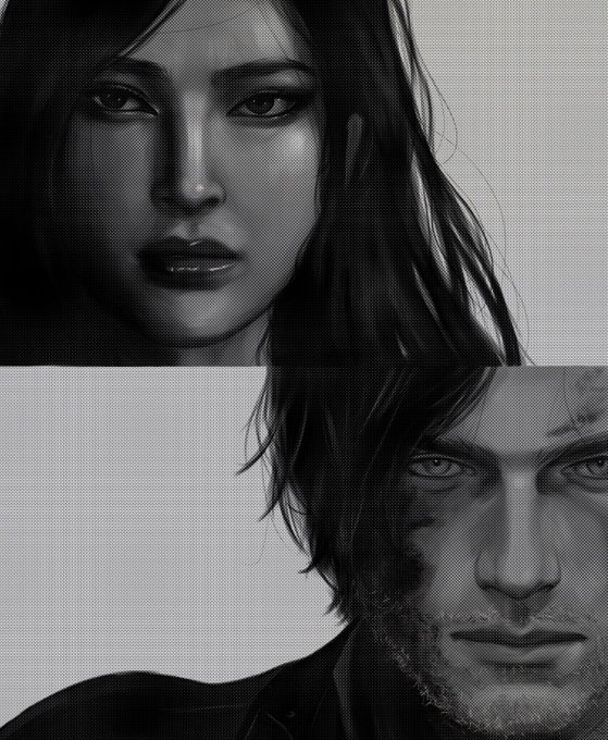 A split black-and-white illustration shows a young woman with long dark hair in the top half and a rugged man with stubble in the bottom half, conveying the dual protagonists of Resident Evil 9.